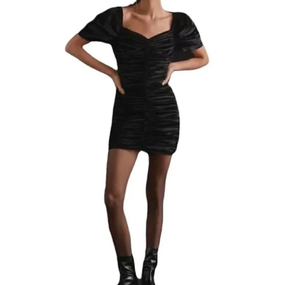Hutch Ruched Puff-Sleeved Black Velvet Mini Dress